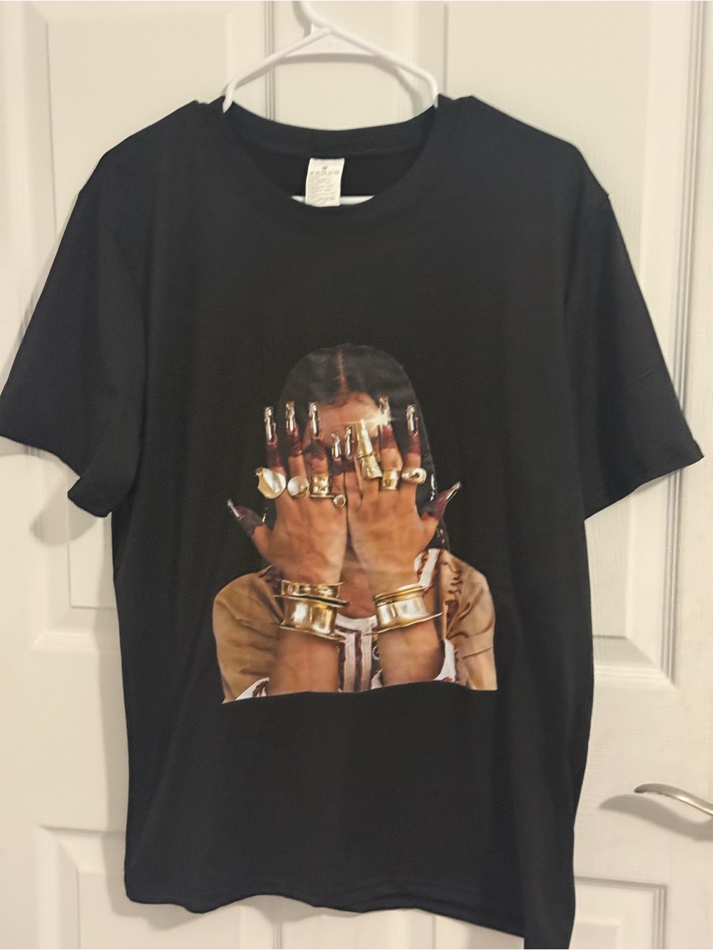 Black Short-Sleeve Graphic Tee with Gold Accent Print